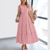 Women’s V-Neck Pleated Puff Sleeve Swing Dress – Mid-Length Layered Dress | Lovana UK